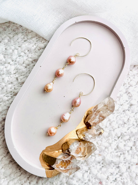 Pink Freshwater Baroque Pearls + Gold Drop Earrings