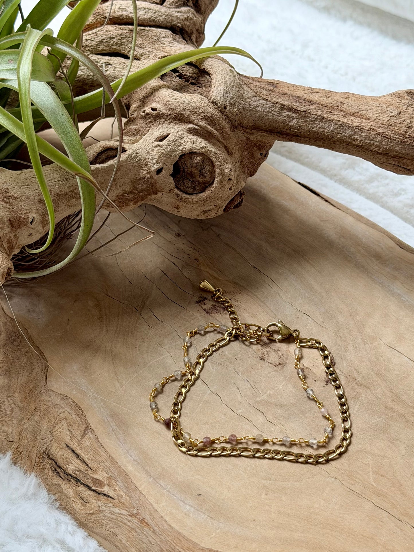 Red Rutile Quartz + Gold Stainless Steel Duet Bracelet