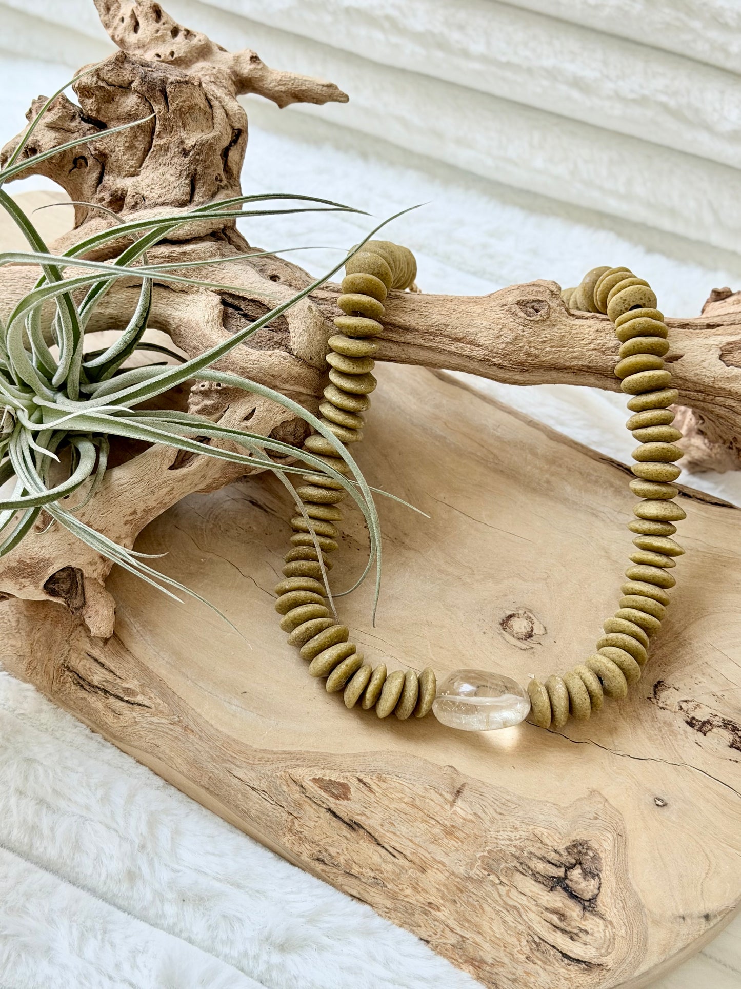 Gold Rutile Quartz + Tan African Glass Chunky Necklace