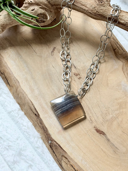 Honey Golden Fluorite + Antique Silver Double Chain Necklace