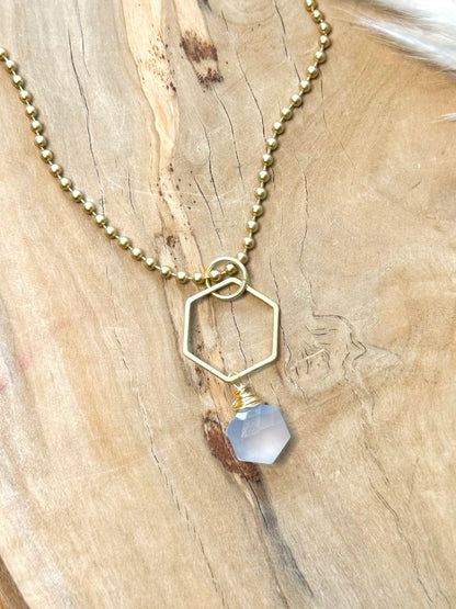 Blue Chalcedony + Matte Gold Hexagon Necklace