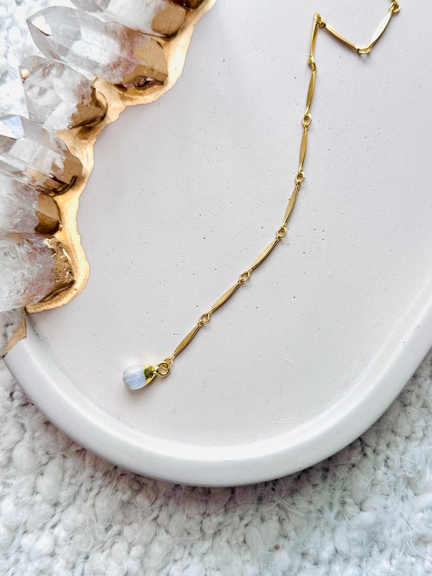 Rainbow Moonstone + Gold Lariat Necklace