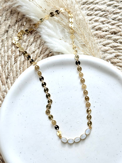 Rainbow Moonstone + Gold Curved Sequin Necklace