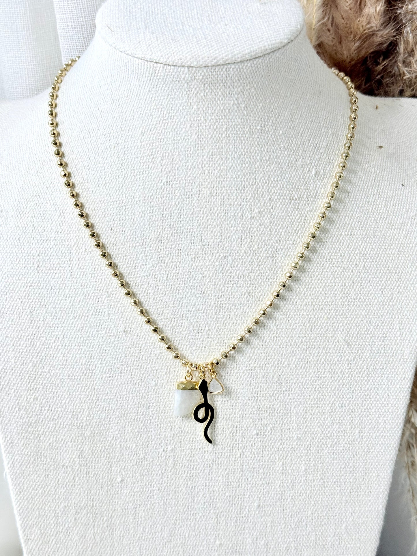 Rainbow Moonstone + Gold Snake Necklace