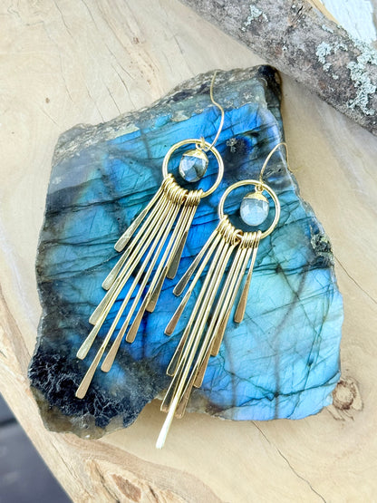 Labradorite + Gold Fringe Earrings