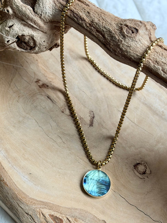 Labradorite + Gold Circle Pendant Necklace