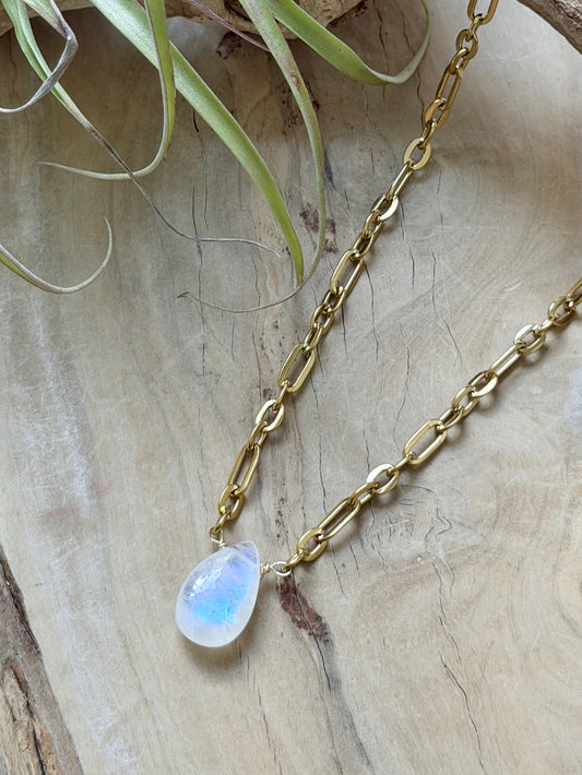 Rainbow Moonstone + Gold Stainless Necklace