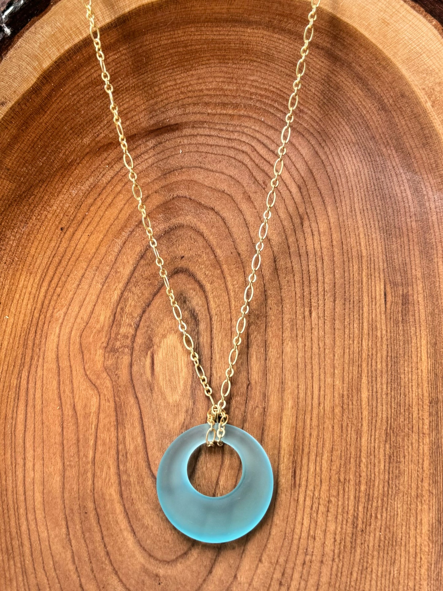 Light Blue Sea Glass + Matte Gold Circle Necklace
