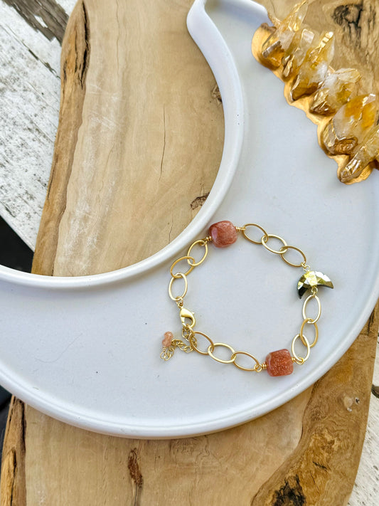 Pyrite + Sunstone Gold Gemstone Moon Bracelet