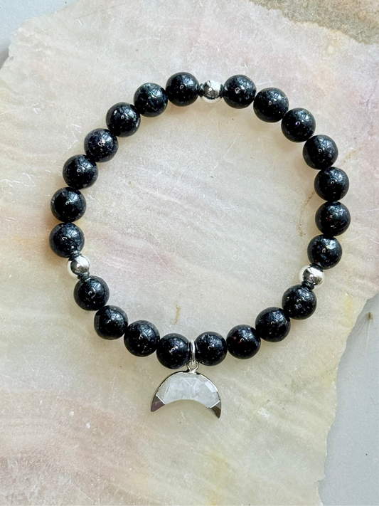 Cultured Black Opal + Rainbow Moonstone Gemstone Bracelet (Silver)
