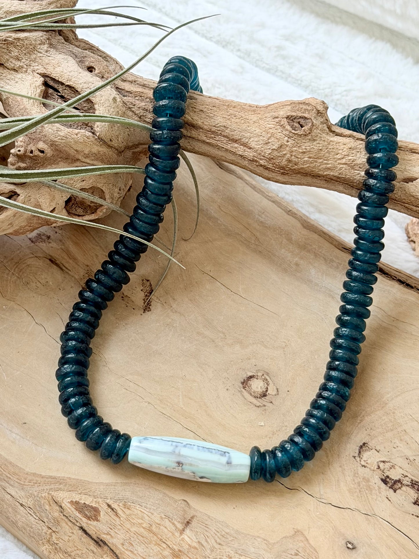 Aqua Blue Terra Agate + Teal African Glass Chunky Necklace