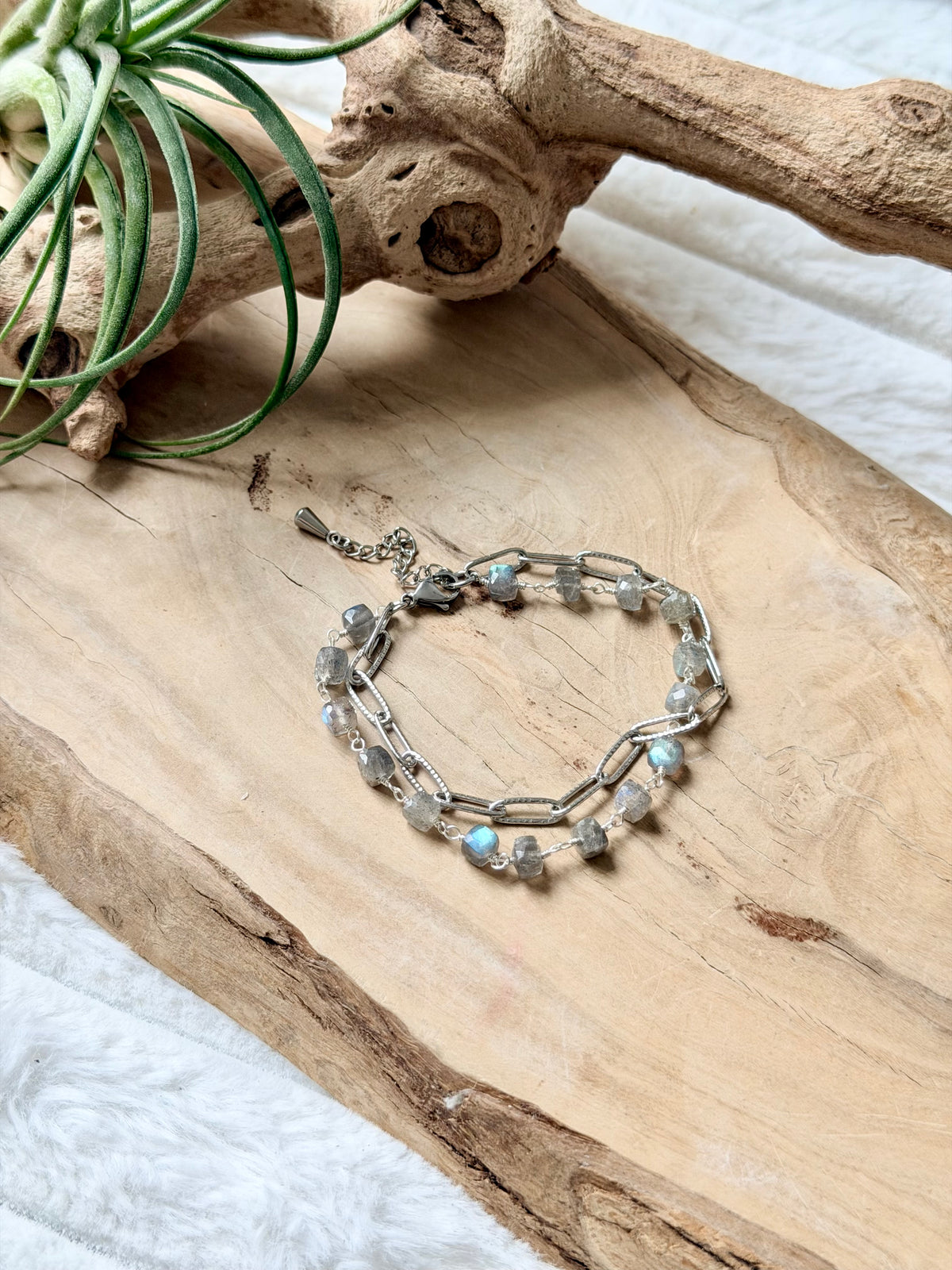 Labradorite + Silver Stainless Steel Duet Bracelet
