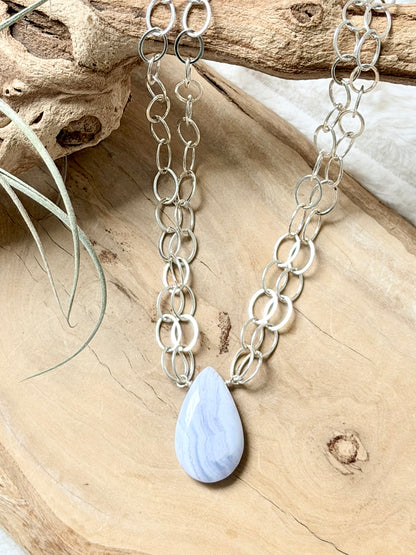 Blue Lace Agate + Silver Double Chain Necklace