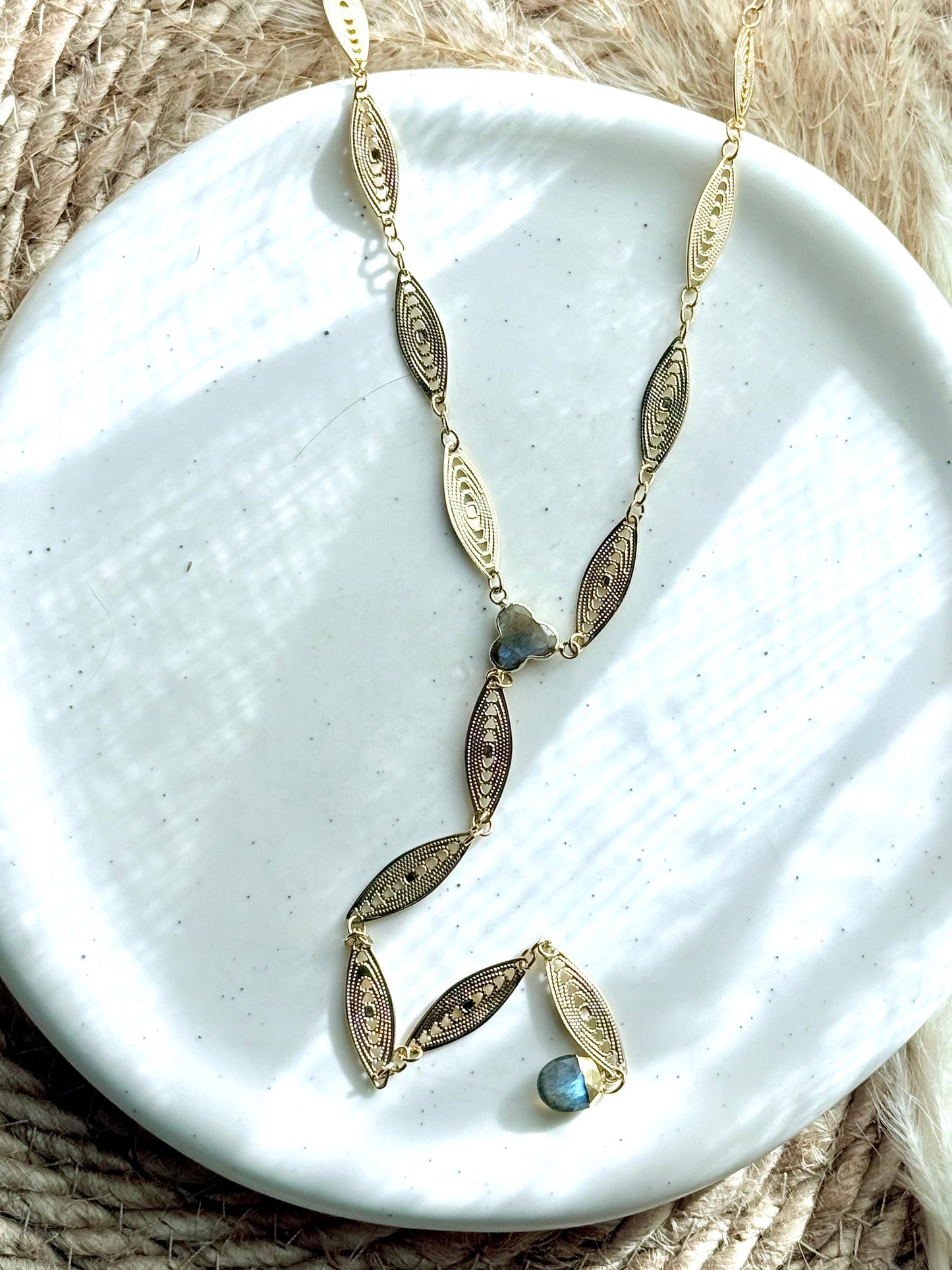 Labradorite Duet + Gold Filigree Lariat Necklace