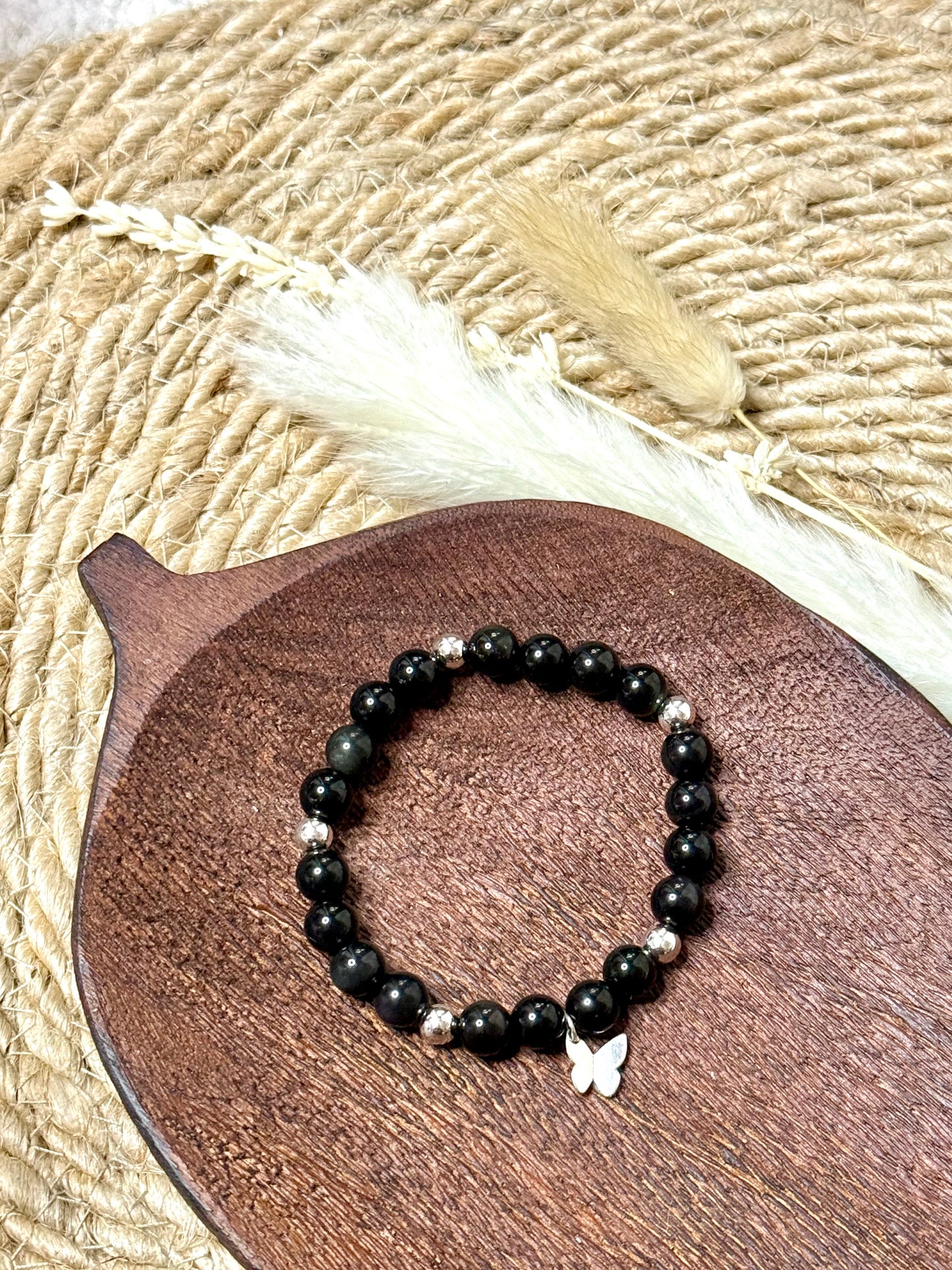 Black Obsidian + Silver Chunky Charm Band