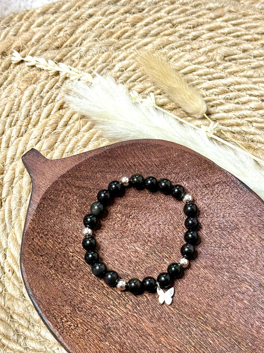 Black Obsidian + Silver Chunky Charm Band