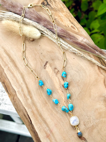 Sleeping Beauty Turquoise + Moonstone Matte Gold Necklace