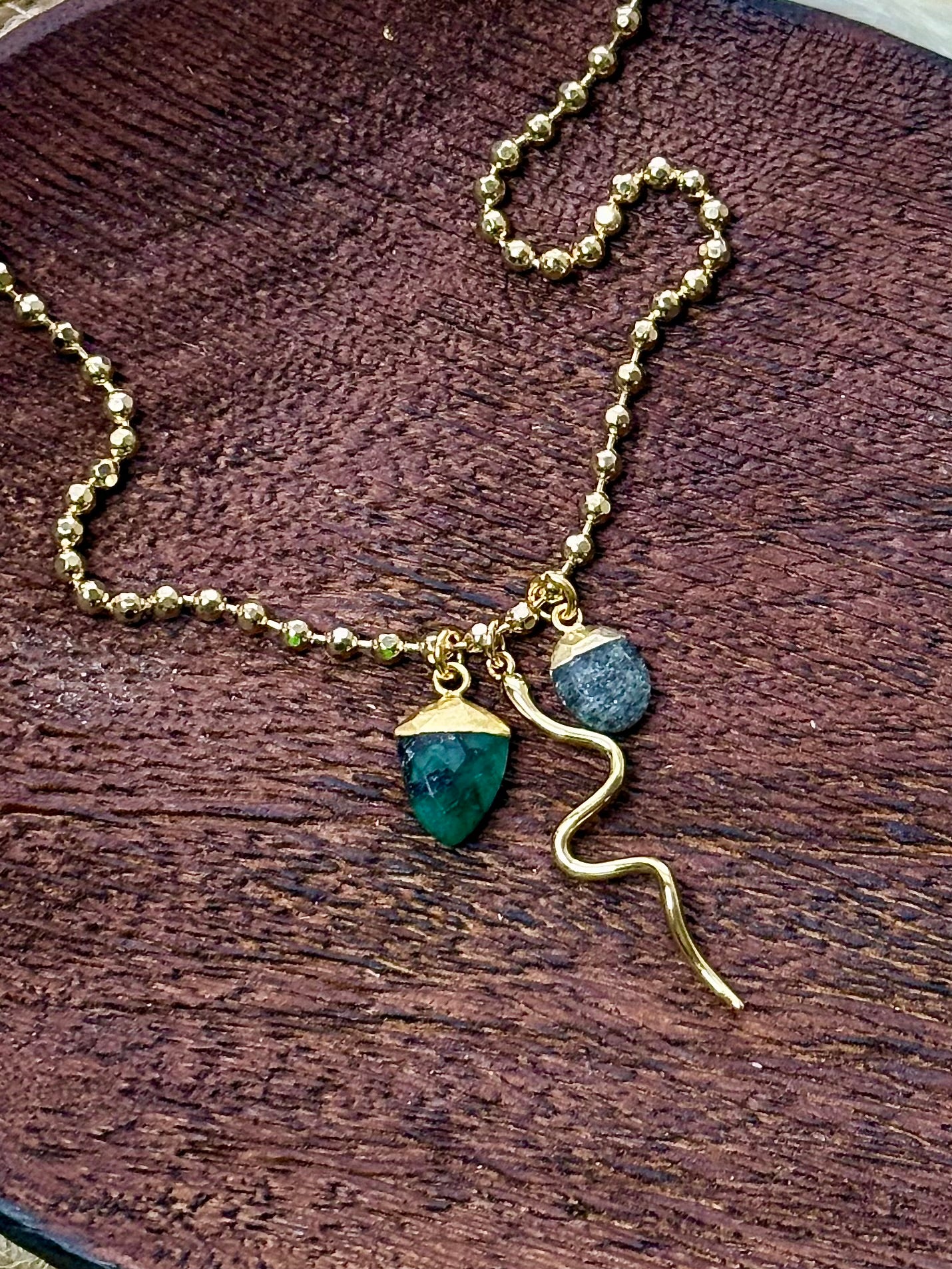 Emerald + Black Sunstone Gold Charm Necklace