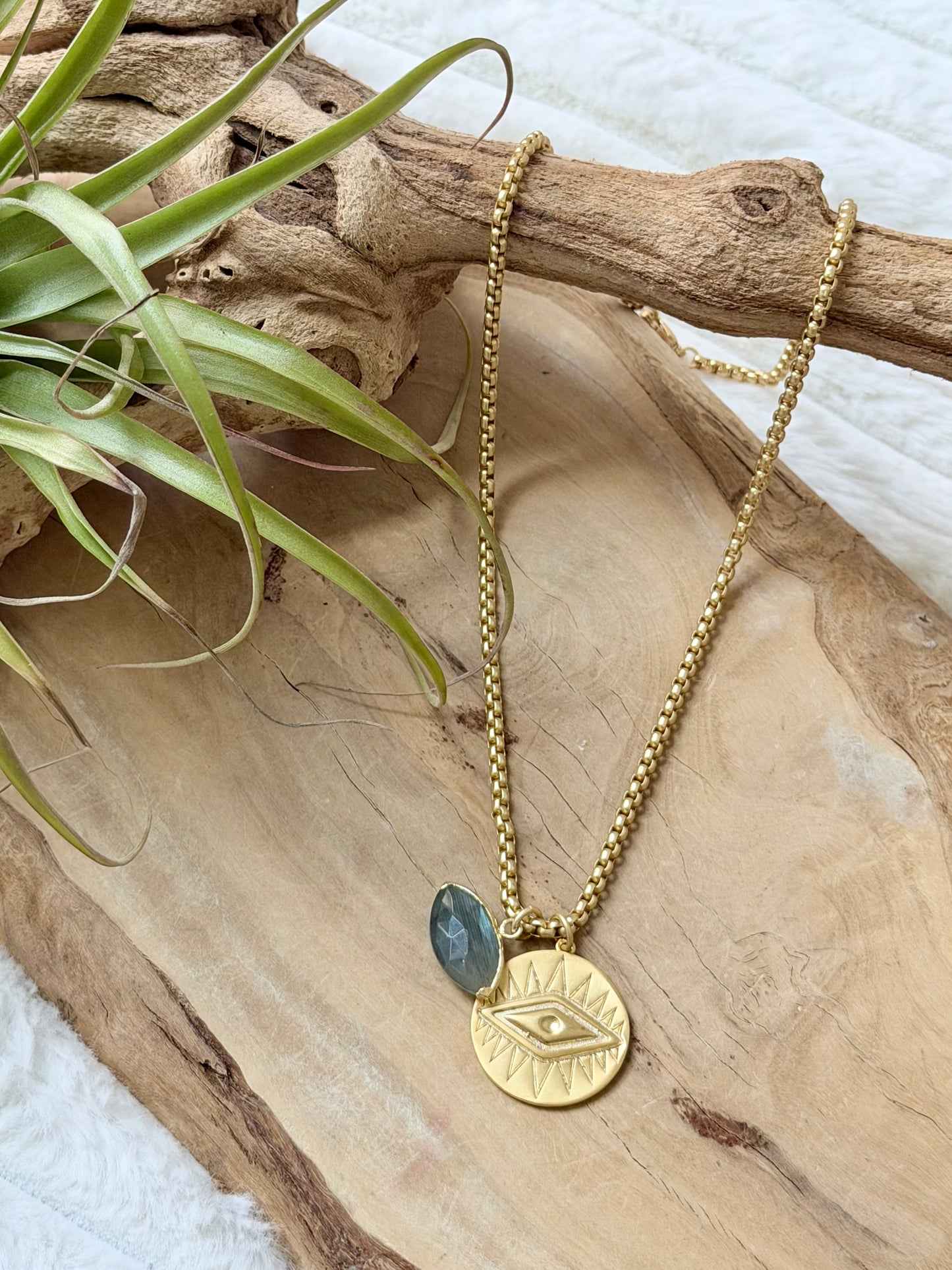 Labradorite Eye + Matte Gold Evil Eye Necklace