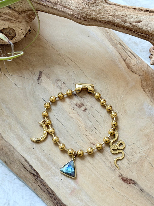 Labradorite + Gold Stainless Ball Chain Charm Bracelet