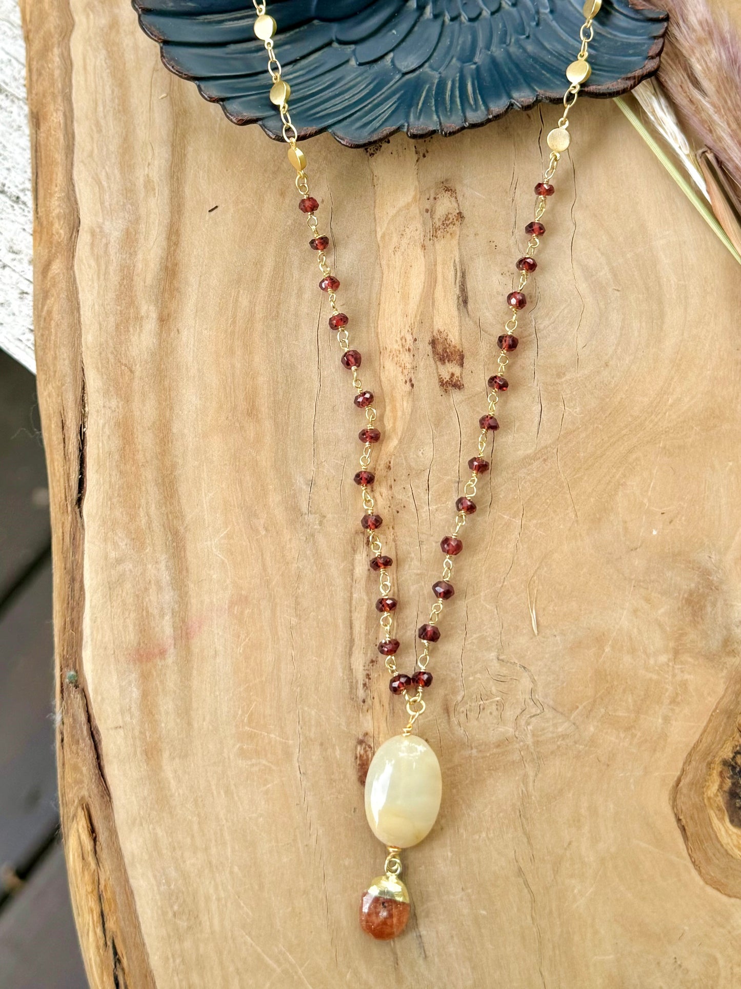 Garnet, Opal + Sunstone Matte Gold Necklace