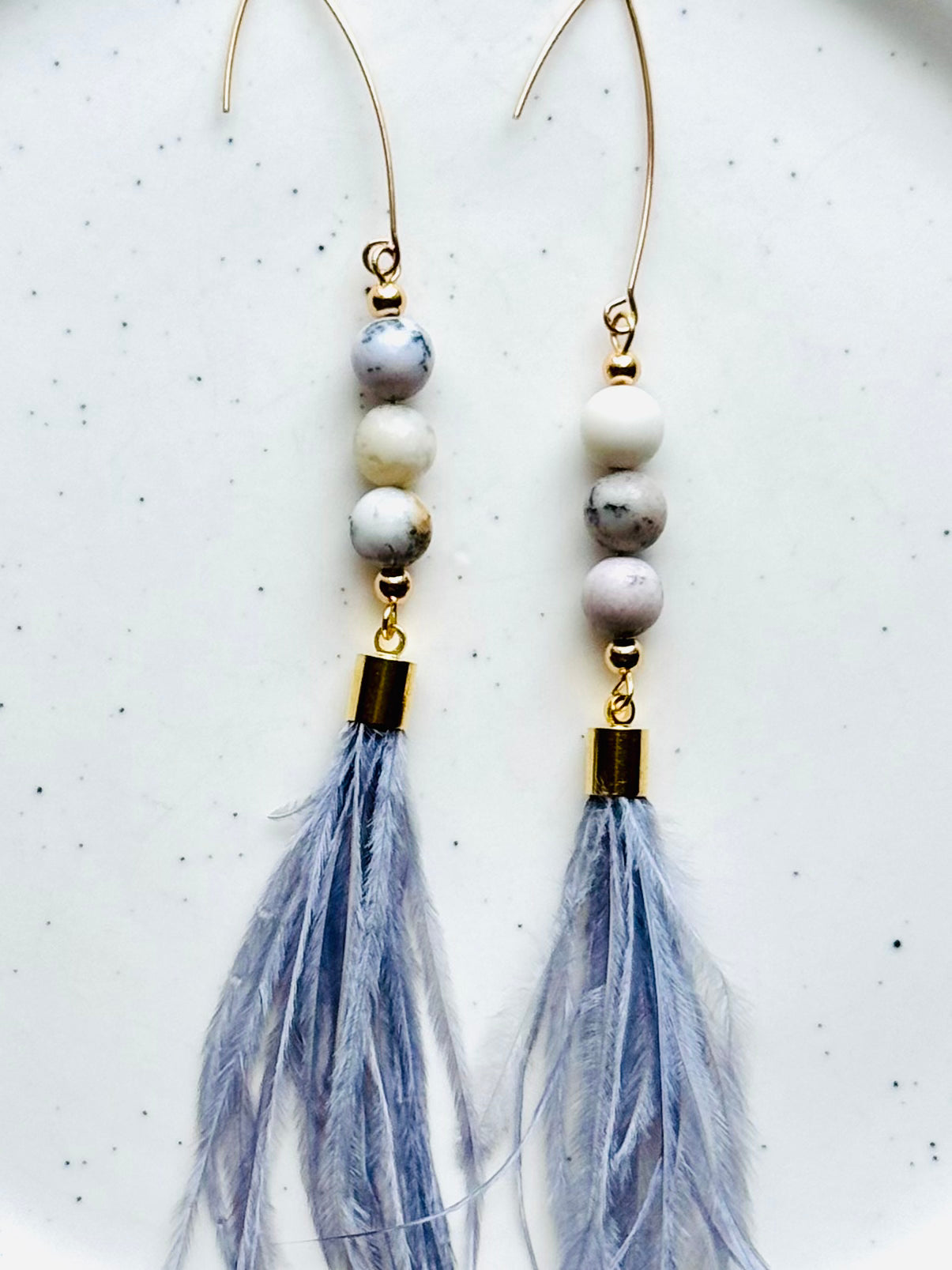 White Opal + Gold Gray Feather Earrings