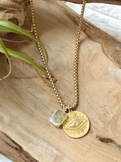 Rutile Quartz + Matte Gold Evil Eye Necklace