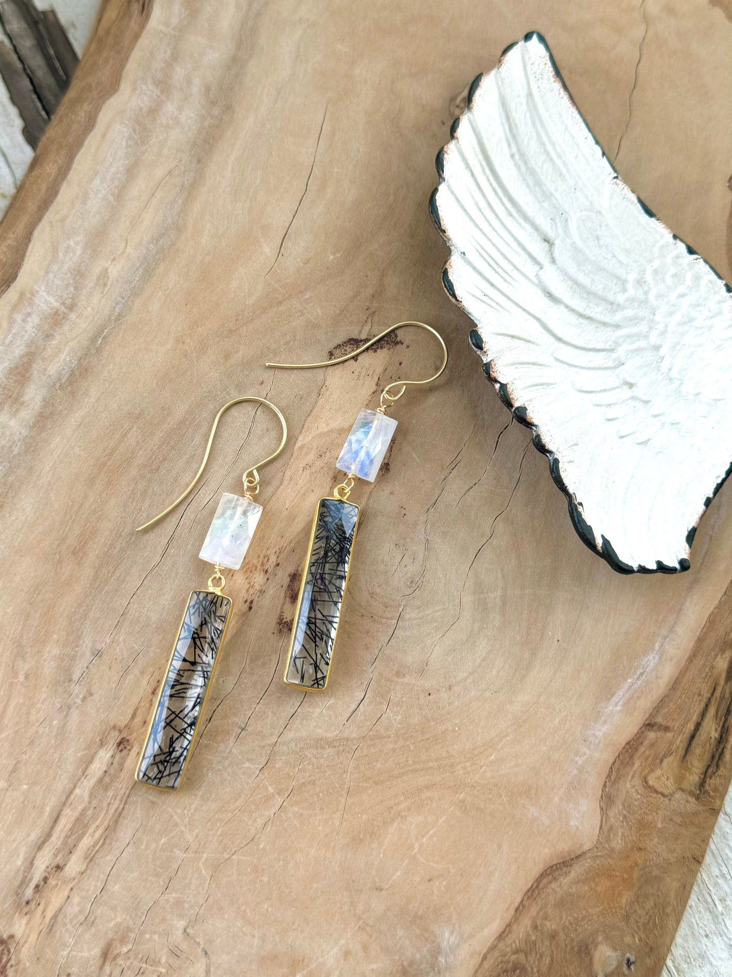 Tourmaline Quartz + Moonstone Gold Drop Earrings