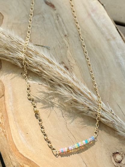 Rainbow Ethiopian Opal + Matte Gold Chain Mini Bar Necklace