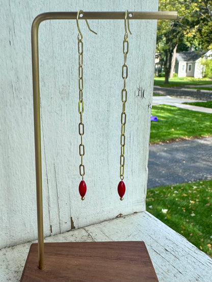 Red Coral + Gold Paperclip Duster Earrings