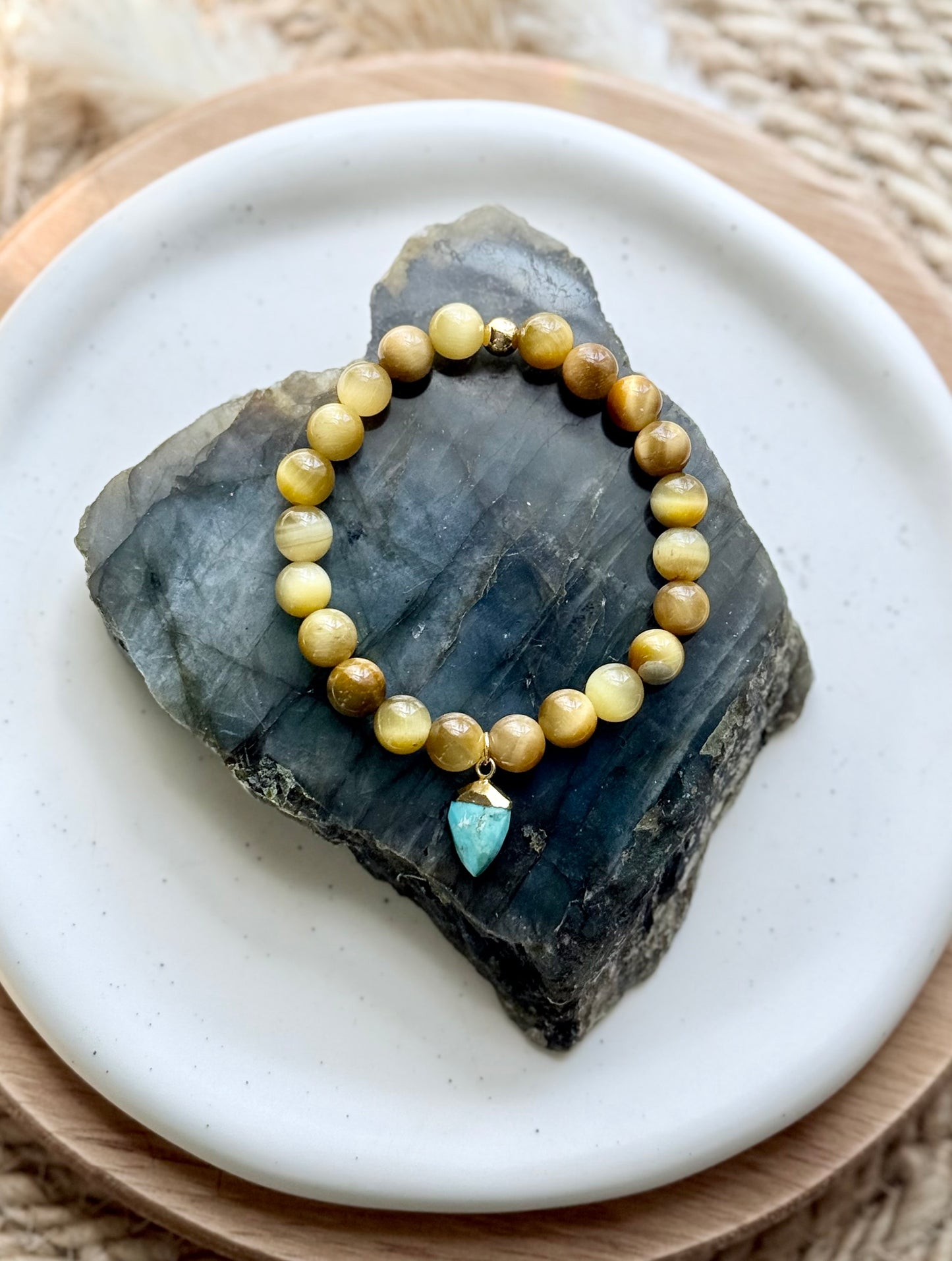 Blonde Tiger Eye + Turquoise Gemstone Pendant Bracelet