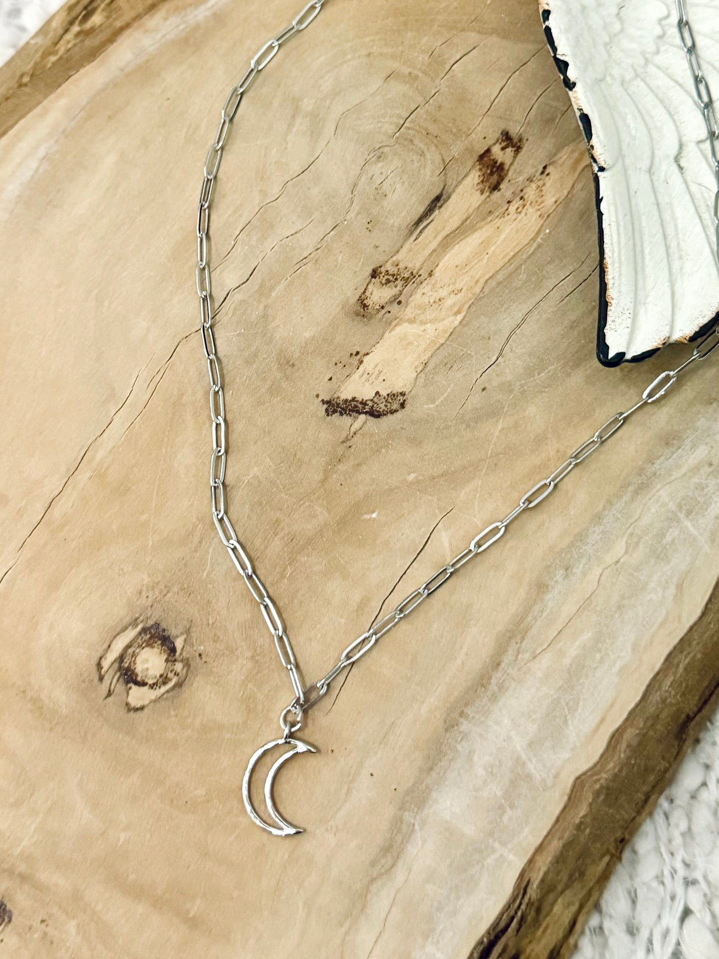 Silver Crescent Moon Paperclip Necklace