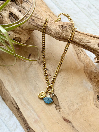 Smoky Quartz + Labradorite Gold Stainless Carabiner Charm Necklace
