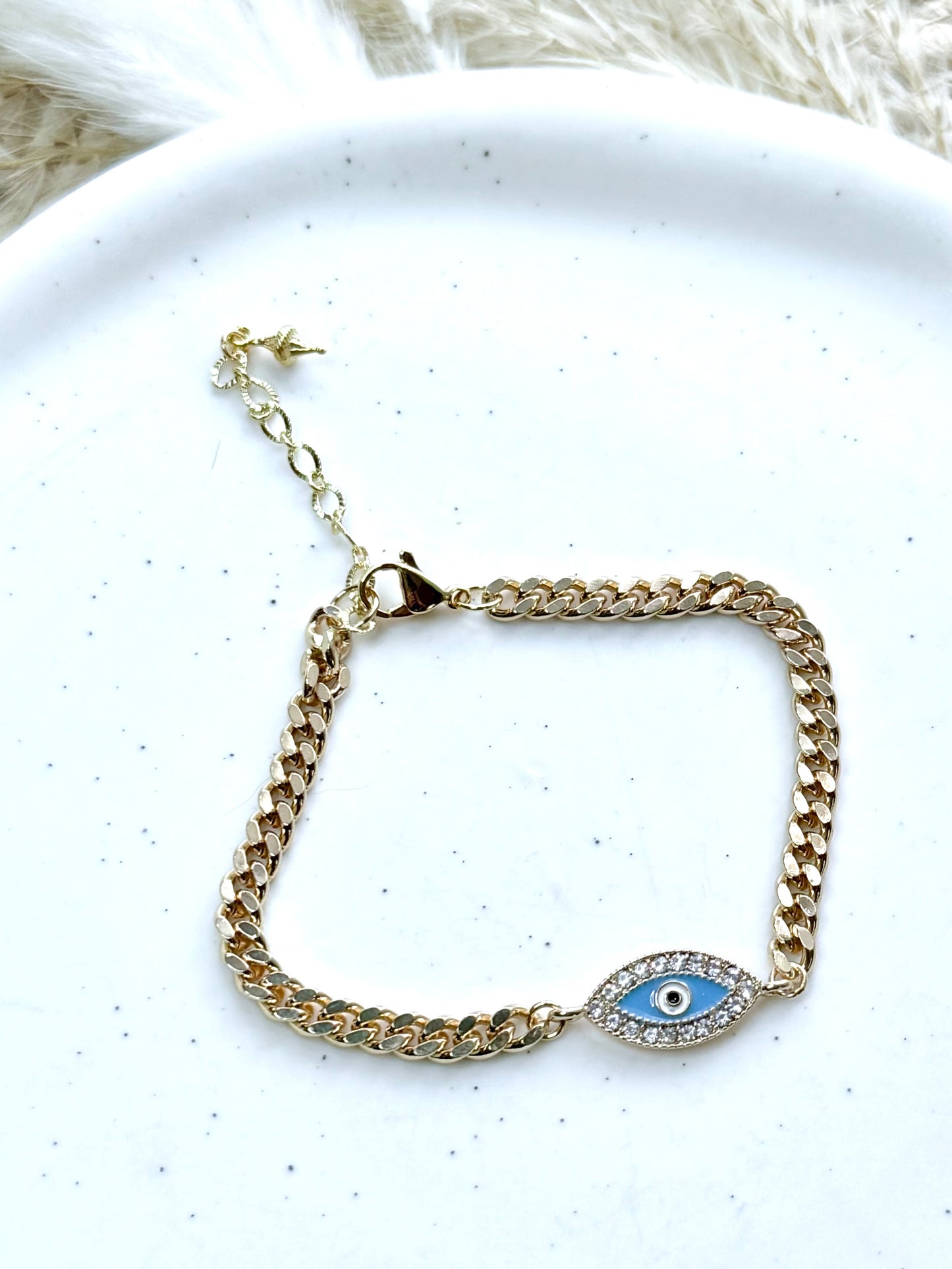 Crystal Blue Evil Eye + Gold Chain Bracelet