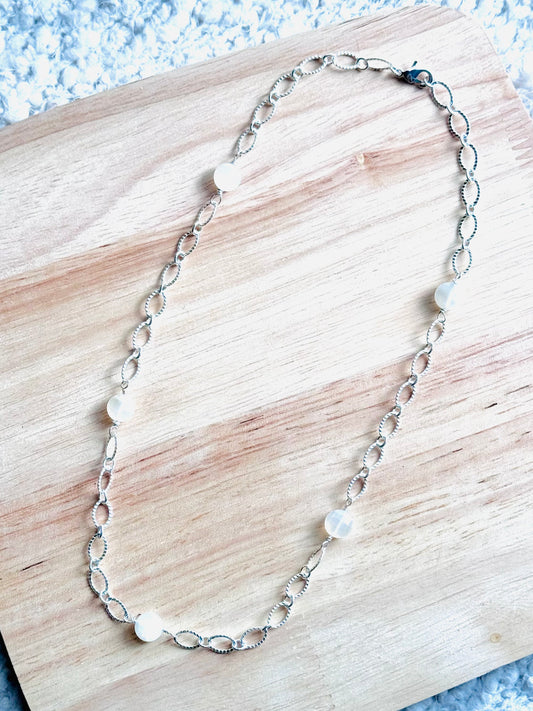 White Moonstone Ovals + Silver Chain Necklace