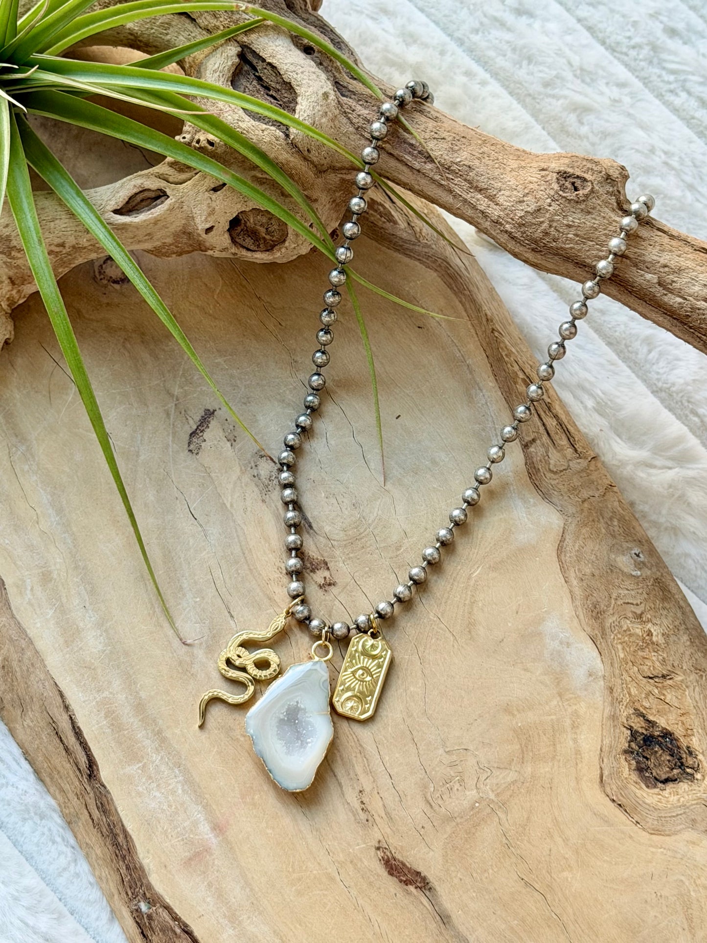 Agate + Mixed Metals Ball Chain Necklace