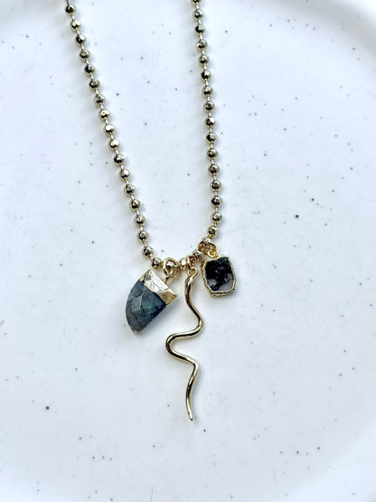 Labradorite + Moss Agate Gold Snake Necklace