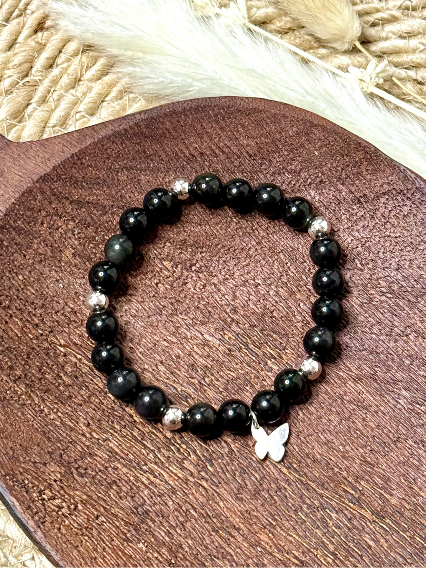 Black Obsidian + Silver Chunky Charm Band