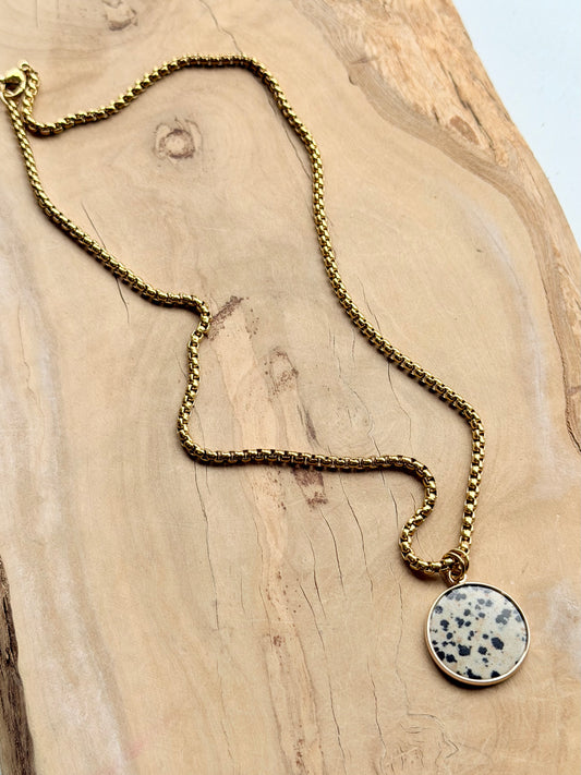 Dalmatian Jasper + Gold Circle Pendant Necklace