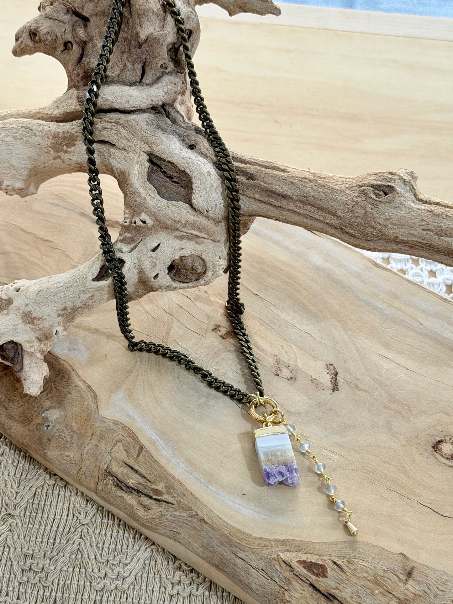 Amethyst Stalactite + Labradorite Antique Brass Necklace