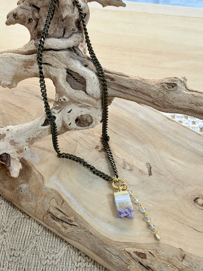 Amethyst Stalactite + Labradorite Antique Brass Necklace