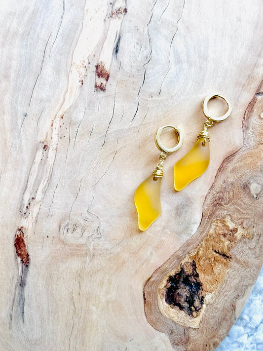 Yellow Sea Glass + Gold Huggie Earrings