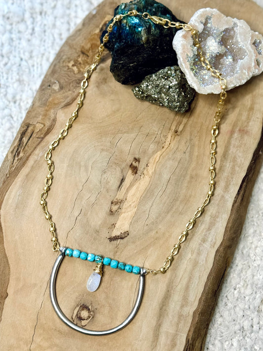 Turquoise + Moonstone Mixed Metals Horseshoe Necklace