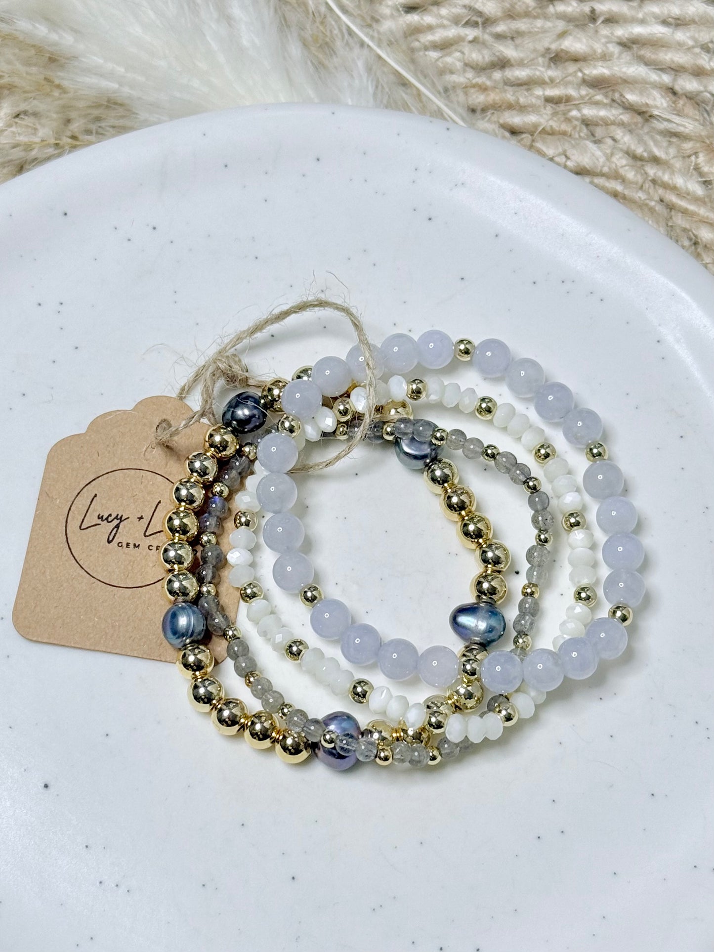 Blue Gems + Freshwater Pearls in Gold Stack (4-stack)