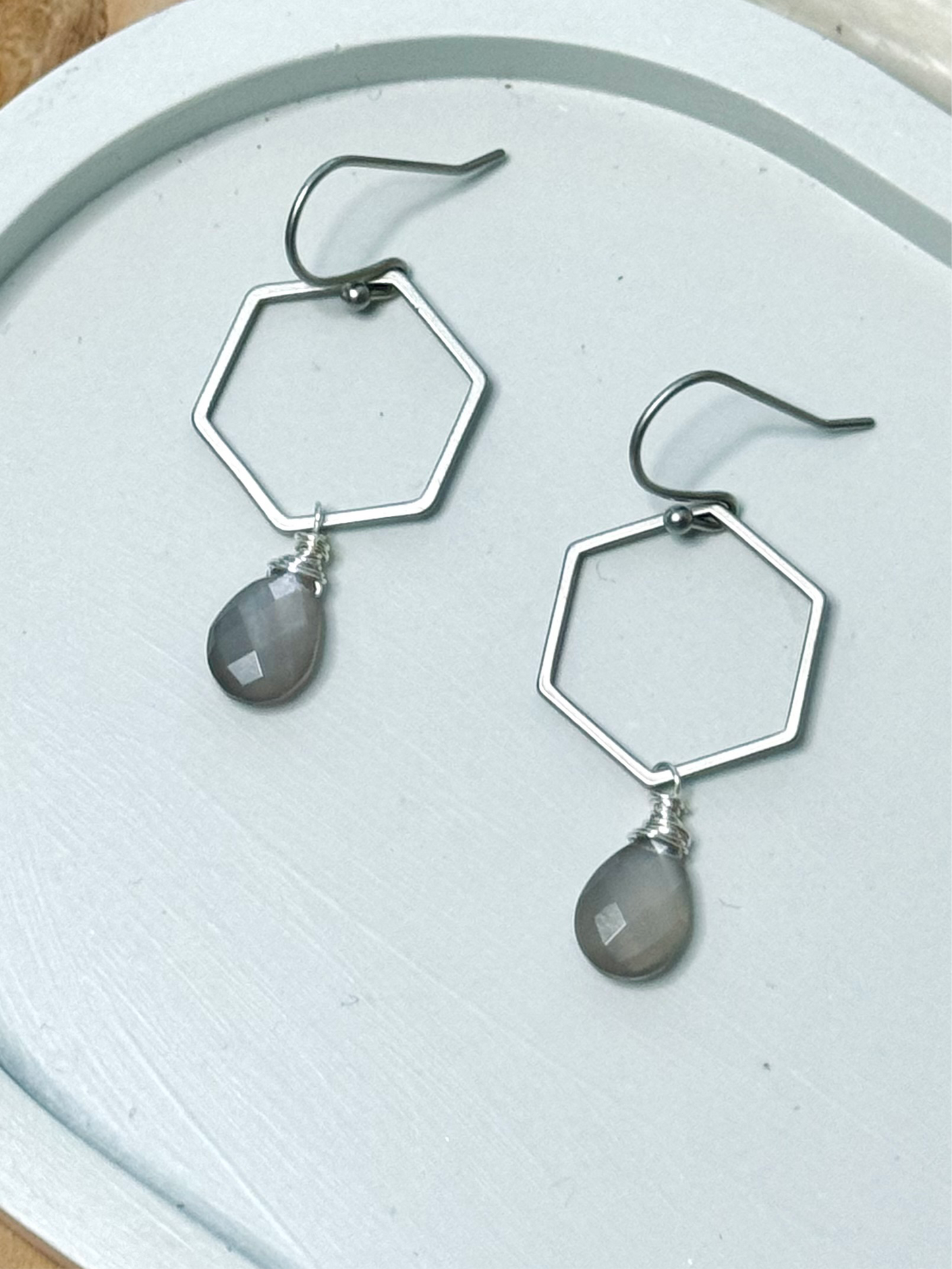 Gray Moonstone + Matte Silver Hexagon Earrings