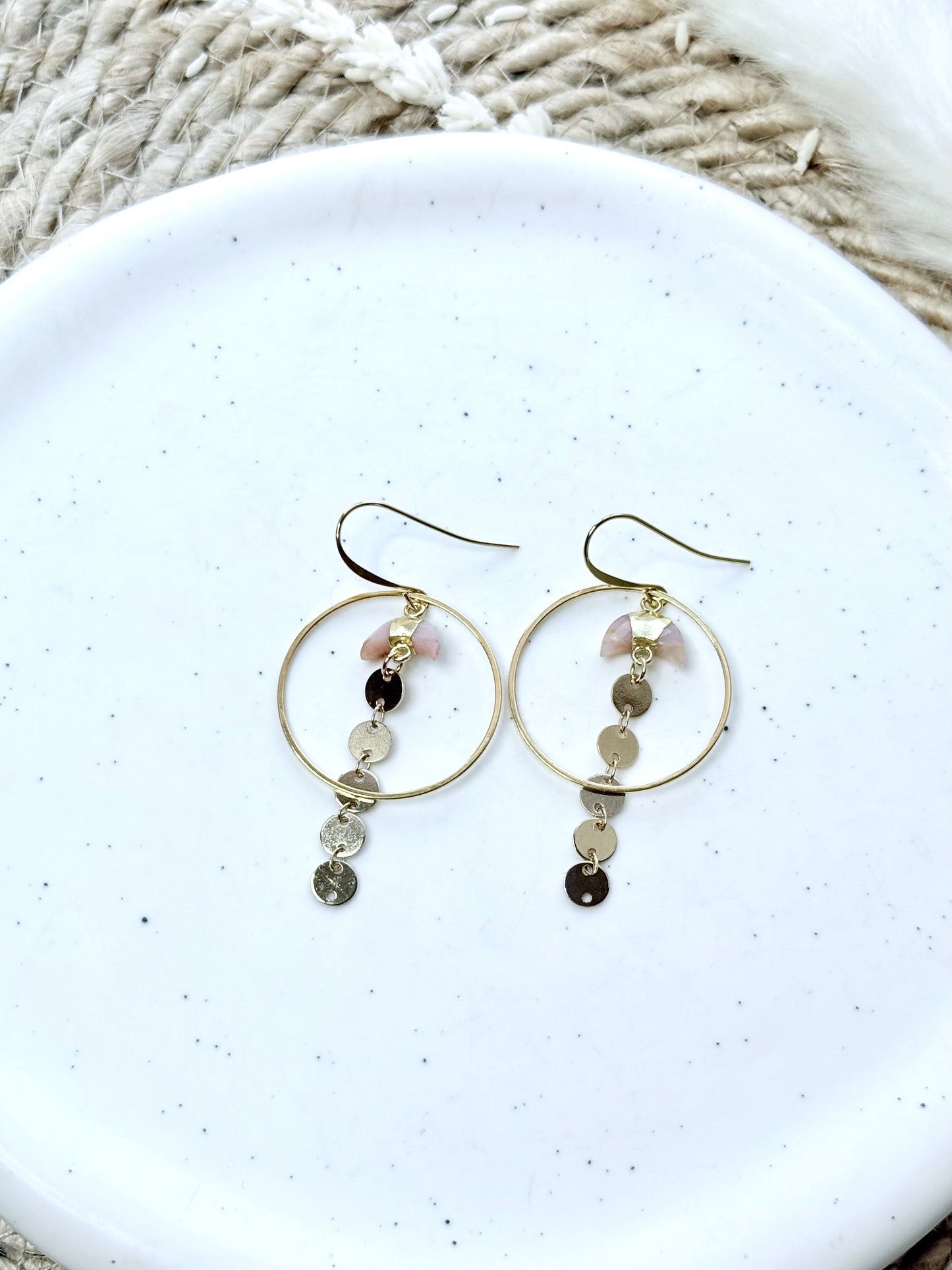 Pink Opal Moons + Gold Sequin Circle Earrings