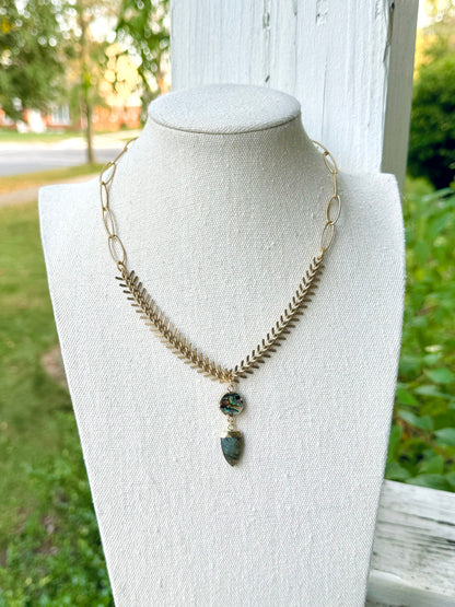 Abalone + Labradorite Matte Gold Fishbone Necklace