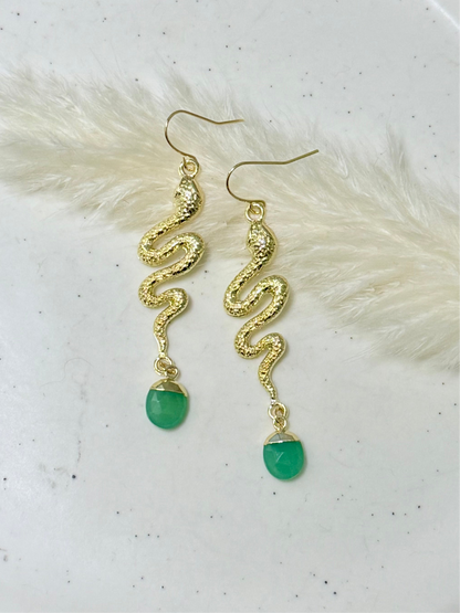 Chrysoprase + Gold Snake Earrings