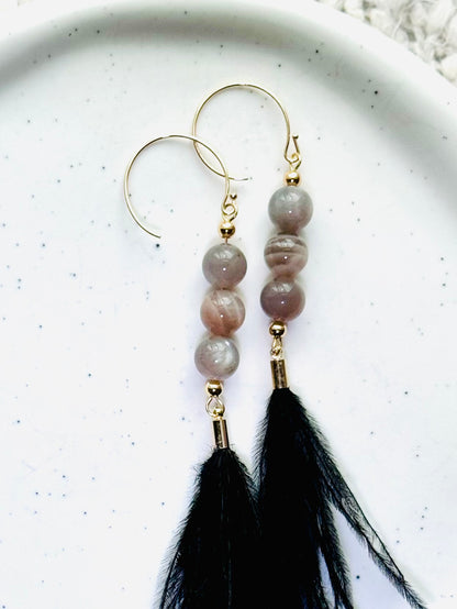 Moonstone + Gold Black Feather Earrings
