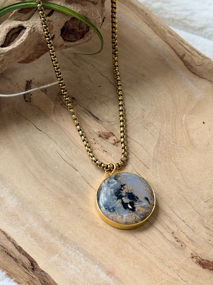 Australian Opal + Gold Circle Pendant Necklace